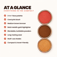 Load image into Gallery viewer, 3-in-1 Face Palette - Coral Pink, Medium Brown, Metallic Gold
