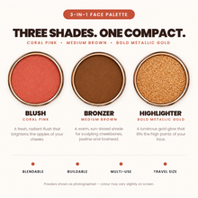 Load image into Gallery viewer, 3-in-1 Face Palette - Coral Pink, Medium Brown, Metallic Gold
